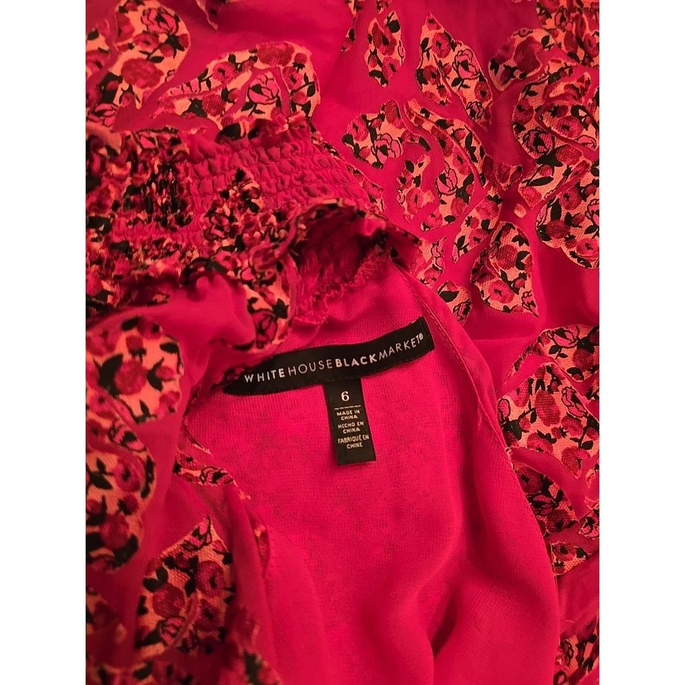White House Black Market Pink Rose Burnout Smock-Neck Midi Dress SZ 6 Flowy Boho